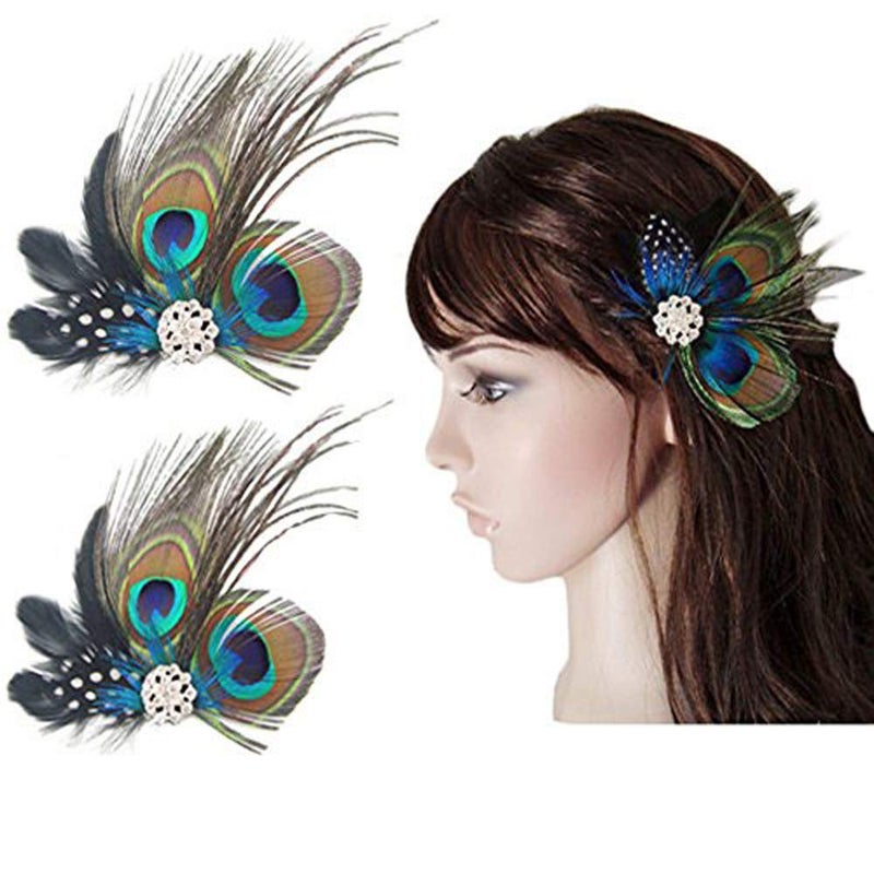 Comidox Hair Clip, Cute Peacock Feather with Rhinestones, Charming Peacock Headpiece Feather Hair Accessories for Women, Weddings, Parties, Halloween, Set of 2 - Image 1